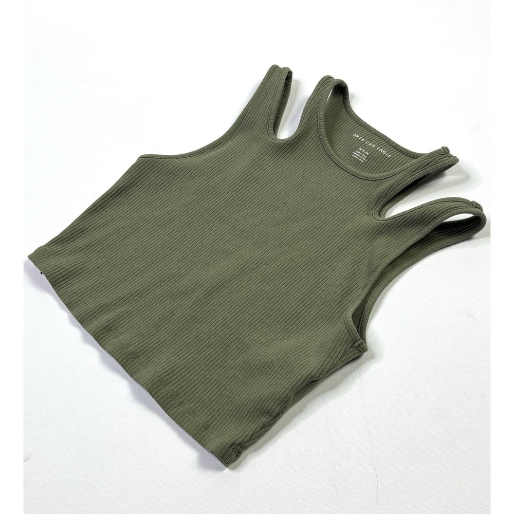 American Eagle Tank Top Womens Medium Sage Green Ribbed Cropped Cold Shoulder - Picture 5 of 9